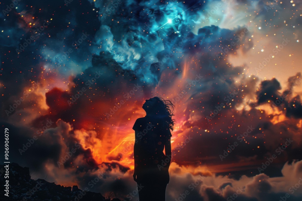 Fototapeta premium Silhouette of Woman Under Vibrant Cosmic Sky for Inspirational Creative Projects