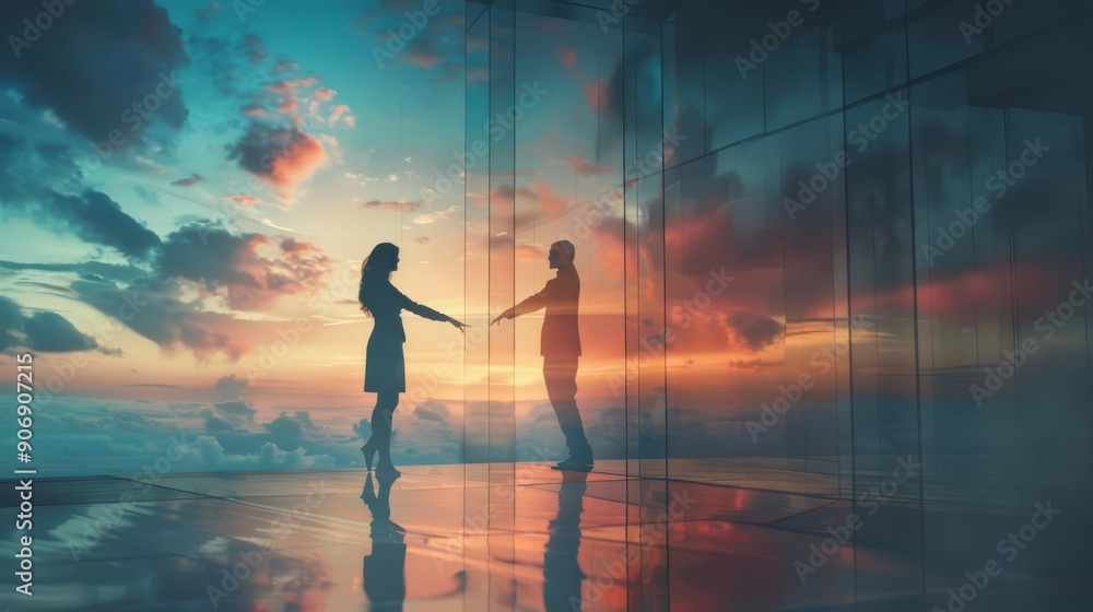 Lovers separated by a glass wall, reaching out to each other, longing and hopeful, distant love Lovers separated by a glass wall, reaching out to each other, longing and hopeful, distant love