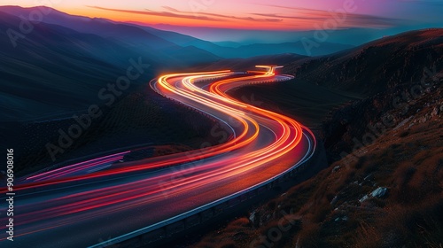 colorful light trails on a winding highway at sunset