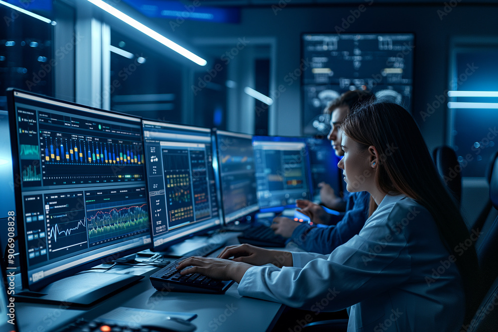 Team of data analysts working late at night in a system control room Team of data analysts working late at night in a system control room