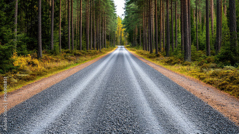 Fototapeta premium A serene forest road invites exploration, surrounded by tall trees and vibrant foliage, perfect for nature lovers and adventures.