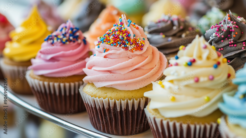 a variety of colorful cupcakes on a stand, each decorated with unique frosting and sprinkles a variety of colorful cupcakes on a stand, each decorated with unique frosting and sprinkles
