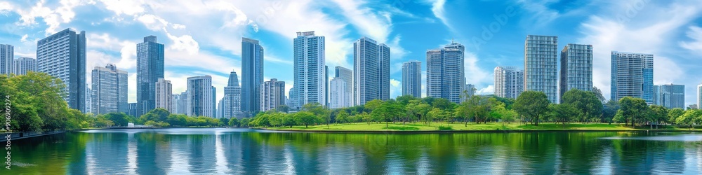 Panorama of Cityscape with modern skyscrapers, lush green park, and reflections on a calm river under a vibrant blue sky.
Panorama of Cityscape with modern skyscrapers, lush green park, and reflections on a calm river under a vibrant blue sky.