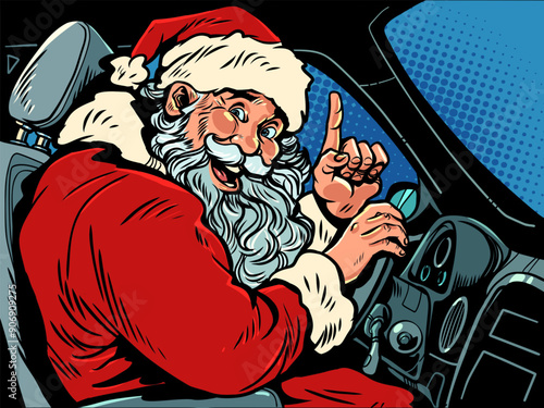 Pop Art Retro Santa Claus is sitting in a car behind the wheel. Coming Christmas and New Year holidays. Gift courier on the eve of the holidays.