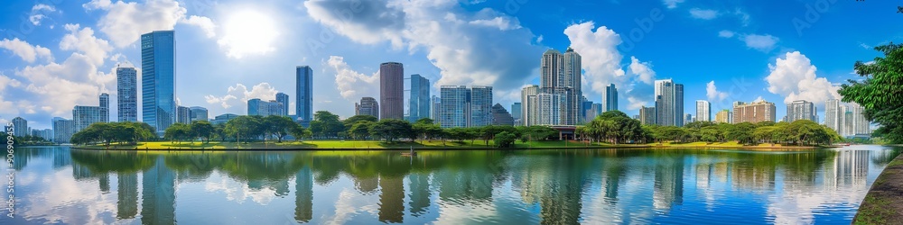 Panorama of Cityscape with modern skyscrapers, lush green park, and reflections on a calm river under a vibrant blue sky.
Panorama of Cityscape with modern skyscrapers, lush green park, and reflections on a calm river under a vibrant blue sky.