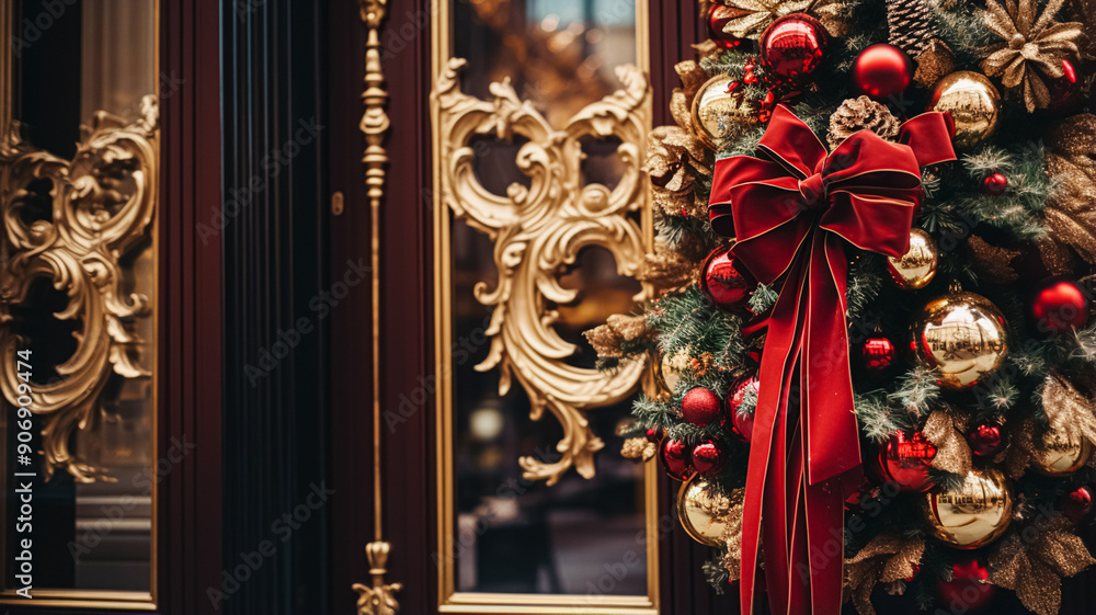 Christmas decoration details on English styled luxury high street city store door or shopping window display, holiday sale and shop decor inspiration Christmas decoration details on English styled luxury high street city store door or shopping window display, holiday sale and shop decor inspiration