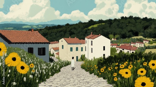 Fototapeta Naklejka Na Ścianę i Meble -  Lofi illustration of a small charming village with cobblestone streets quaint houses and people strolling around enjoying the picturesque scenery
