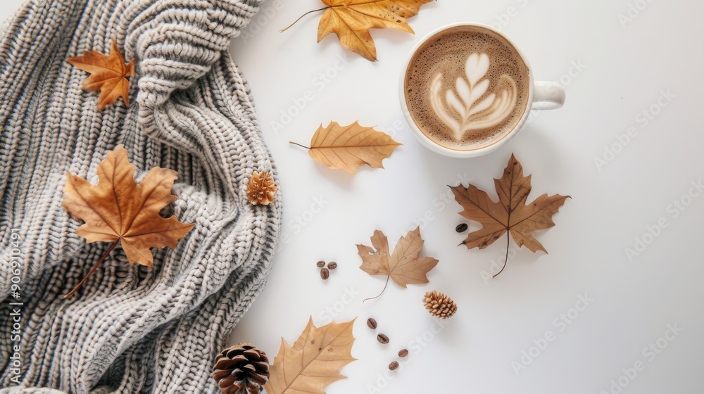 Fototapeta premium Autumn themed flat lay with leaves sweater and coffee on white background