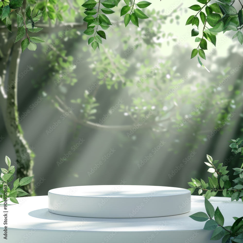 White Circular Platform in a Misty Forest Setting White Circular Platform in a Misty Forest Setting