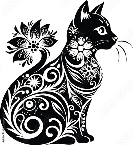 A stylized black silhouette of a cat, featuring intricate swirls, floral patterns and decorative elements