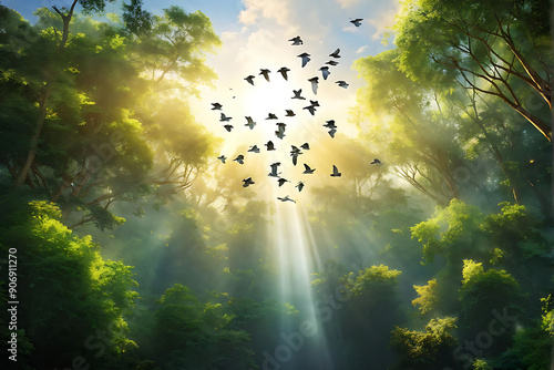 Birds flaying during the sun rays in the forest photo