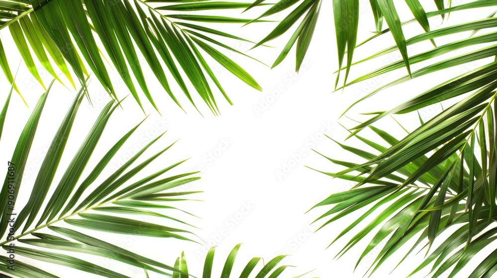 Fototapeta premium Green palm leaves close up on white background panoramic view