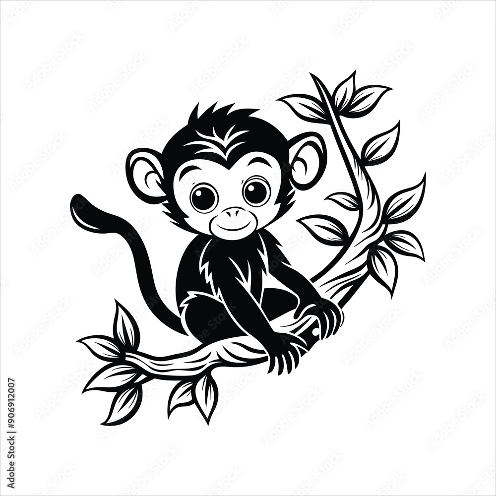 Baby Monkey on tree black vector Baby Monkey on tree black vector