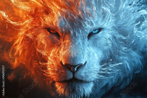 Fiery and Icy Lion with Contrasting Eyes photo