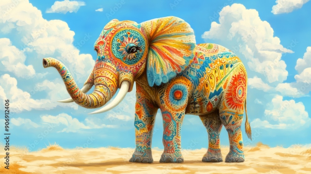 Fototapeta premium Whimsical Elephant with Colorful Patterns: Playful Fantasy Art for Children's Books, Party Invitations, and Imaginative Animal World. Creative Illustration Blending Dreamlike Elements and Vibrant Desi