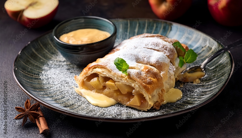 Apple strudel with vanilla sauce served warm on a dark stone table Apple strudel with vanilla sauce served warm on a dark stone table