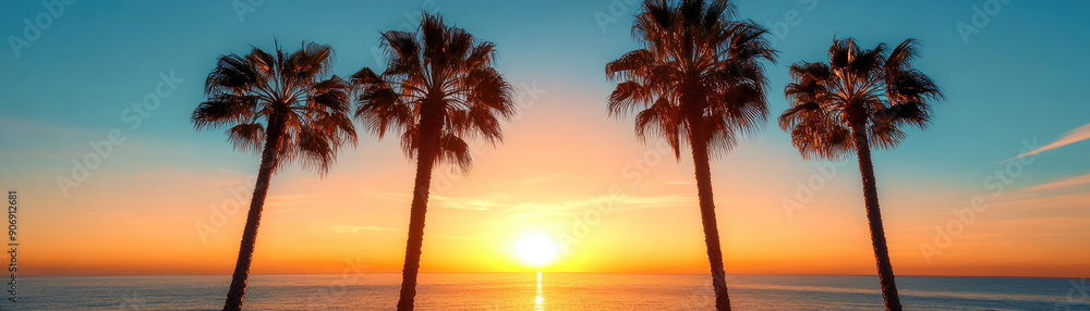 Stunning sunset over the ocean with silhouetted palm trees framing the vibrant sky, ideal for travel and relaxation themes. Stunning sunset over the ocean with silhouetted palm trees framing the vibrant sky, ideal for travel and relaxation themes.