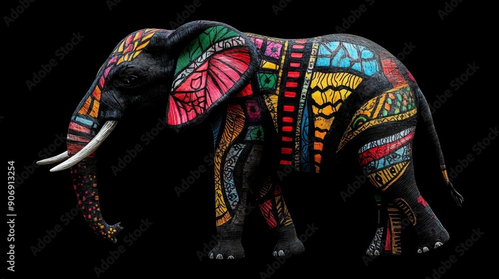 Obraz premium Whimsical Elephant with Colorful Patterns: Playful Fantasy Art for Children's Books, Party Invitations, and Imaginative Animal World. Creative Illustration Blending Dreamlike Elements and Vibrant Desi