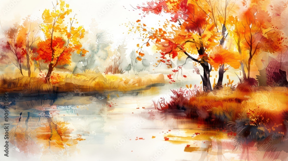 A watercolor painting of an autumn landscape with vibrant trees and a calm river, combining colors in a unique and artistic way. A watercolor painting of an autumn landscape with vibrant trees and a calm river, combining colors in a unique and artistic way.