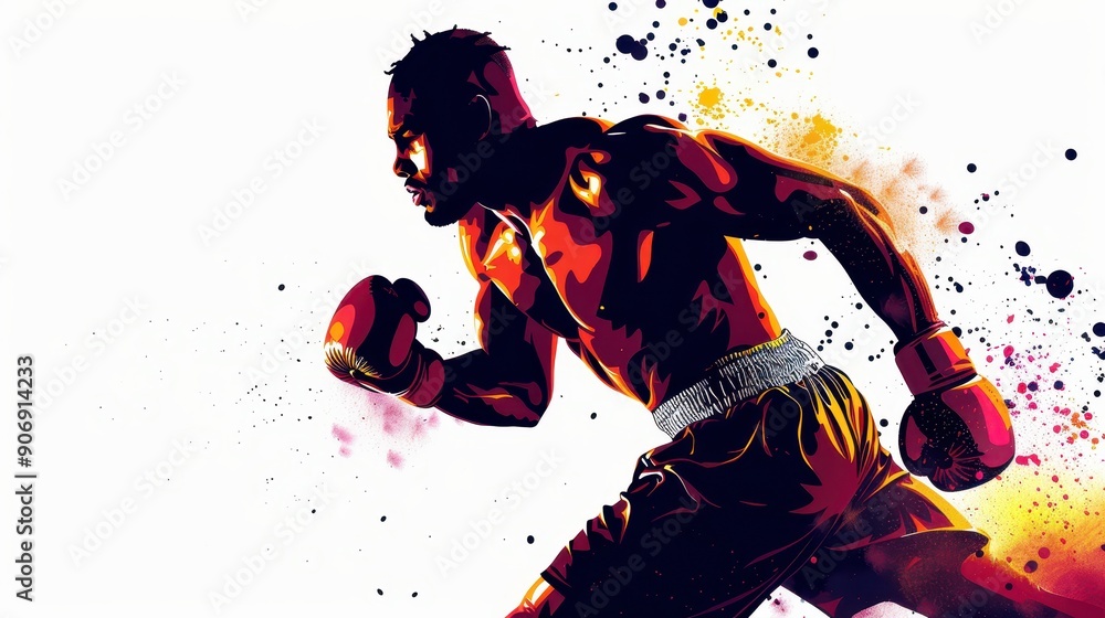 Dynamic portrayal of a boxer in action, showcasing strength, passion, and the spirit of competition with vibrant splashes of color. Dynamic portrayal of a boxer in action, showcasing strength, passion, and the spirit of competition with vibrant splashes of color.
