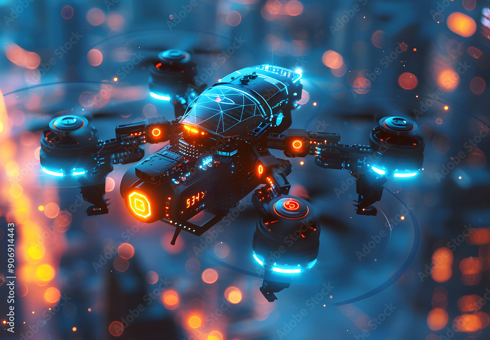 smart blue digital hologram drone with a camera, AI in aerial surveillance systems, autonomous flight navigation, remote sensing technologies, and disaster response coordination design smart blue digital hologram drone with a camera, AI in aerial surveillance systems, autonomous flight navigation, remote sensing technologies, and disaster response coordination design