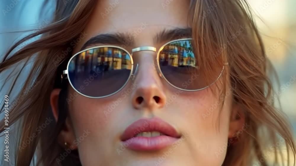 A young, attractive brunette wearing sunglasses is shown in this portrait facing a view of a contemporary city. A young, attractive brunette wearing sunglasses is shown in this portrait facing a view of a contemporary city.