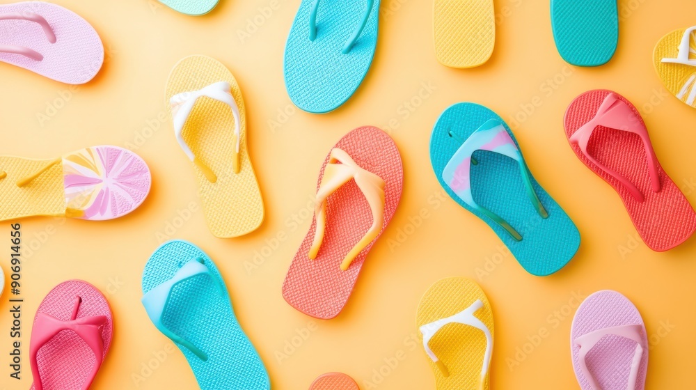A collection of colorful flip flops and sandals, perfect for summer adventures. A collection of colorful flip flops and sandals, perfect for summer adventures.