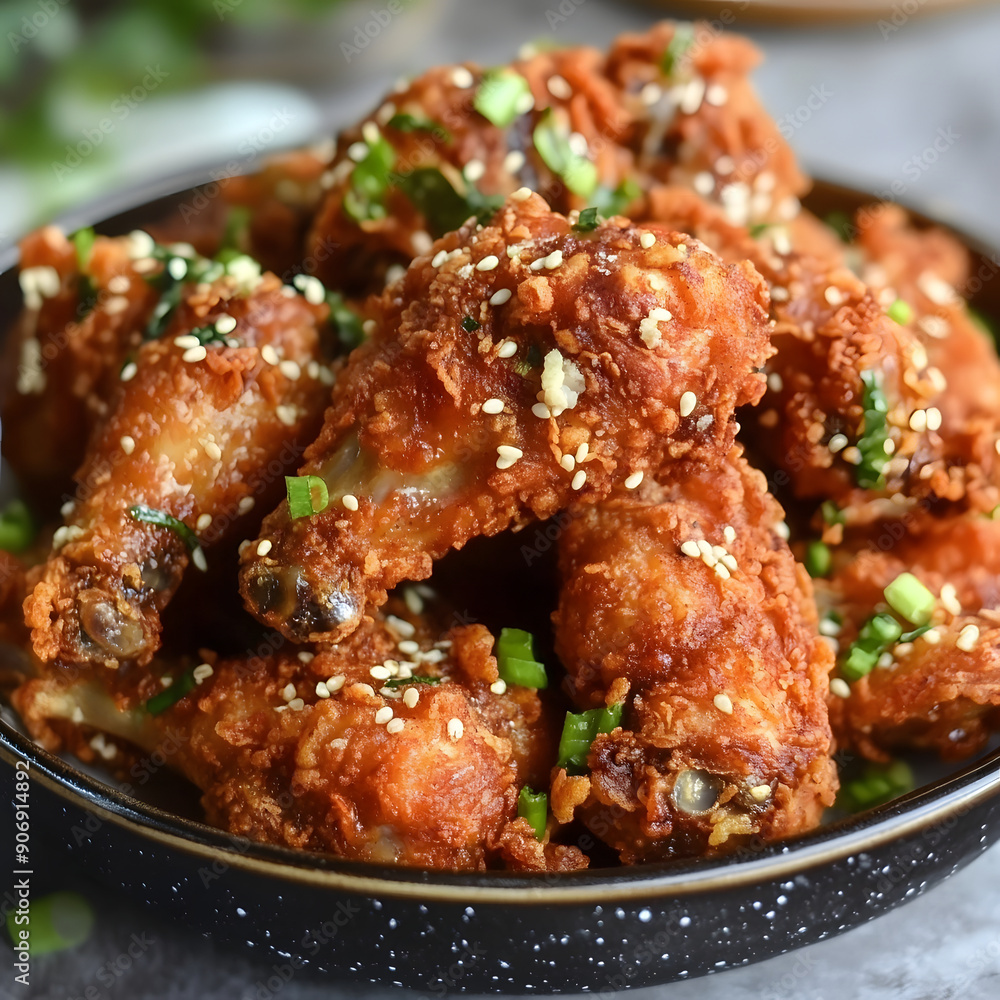 Crispy chicken wings with sesame seeds and green onions. Crispy chicken wings with sesame seeds and green onions.