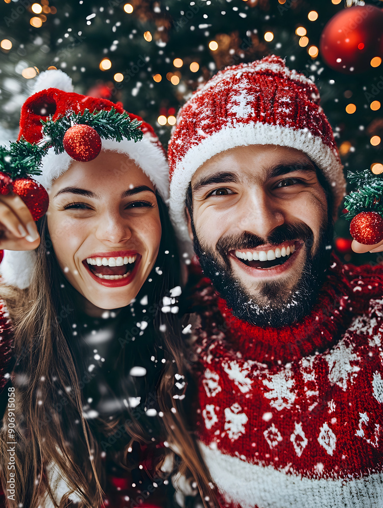 Happy couple in Santa hats, smiling and looking at camera, snow falling. Happy couple in Santa hats, smiling and looking at camera, snow falling.