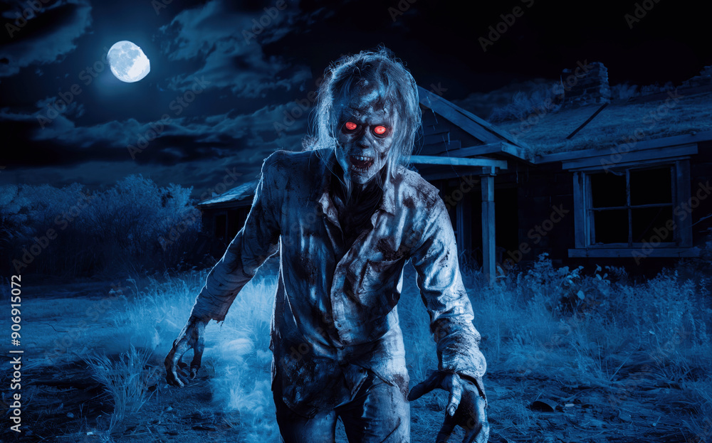 Mysterious Creature Approaches In Dim Light Under Full Moon Near Abandoned House Mysterious Creature Approaches In Dim Light Under Full Moon Near Abandoned House