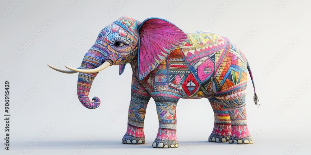Fototapeta premium Whimsical Elephant with Colorful Patterns: Playful Fantasy Art for Children's Books, Party Invitations, and Imaginative Animal World. Creative Illustration Blending Dreamlike Elements and Vibrant Desi
