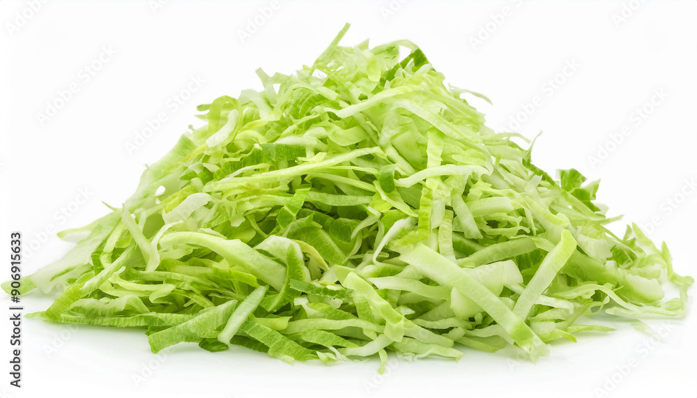 Heap of vibrant shredded green cabbage on isolated white. Tasty vegetable. Organic and fresh.