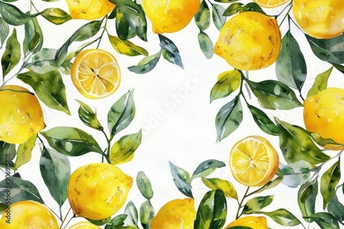 Lemon-themed watercolor art collection with decorative borders, curvy stripes, wreath designs, and patterns perfect for cards, backgrounds, invitations, or posters