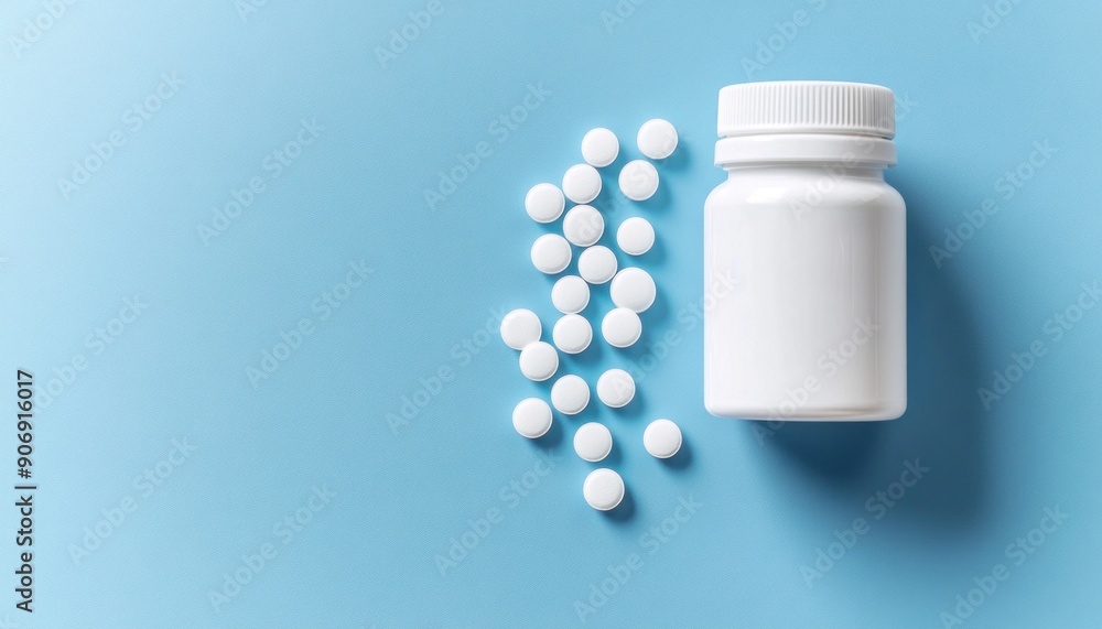 A vivid blue background features a bottle containing pills alongside a scattered pile of pills A vivid blue background features a bottle containing pills alongside a scattered pile of pills