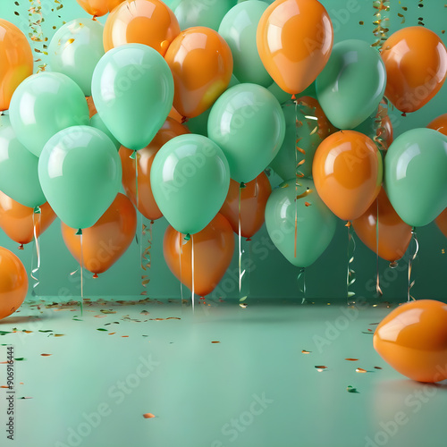 Green and orange balloons with confetti on green background. 