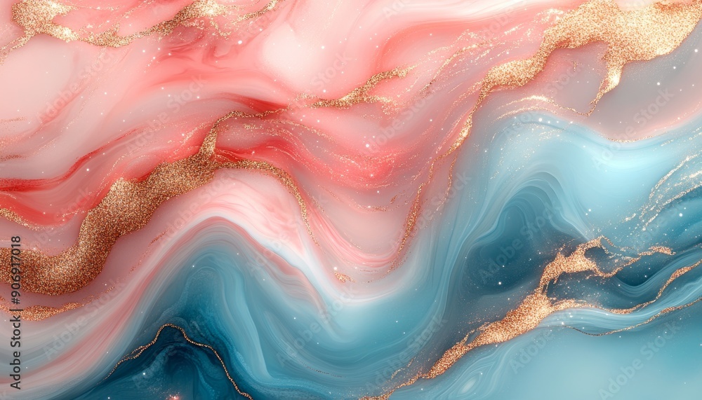 Obraz premium Abstract Gold Glitter Swirls Blue Pink Background.