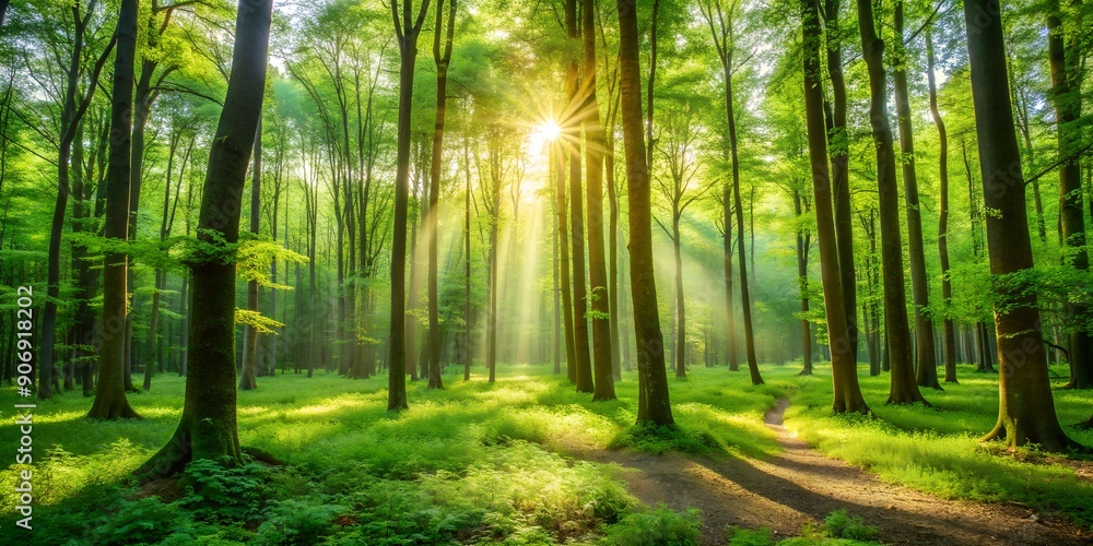 Naklejka premium Forest Trees Nature Green Wood Sunlight Backgrounds AI Generative