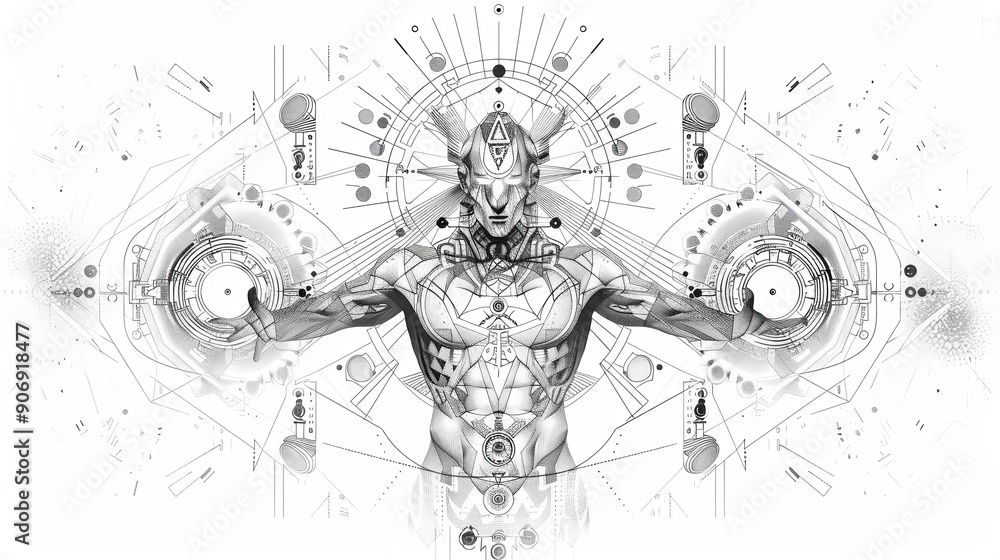 Obraz premium tattoo art line, illustrated in illustrator, pure white and clean background, A geometric and realistic style tattoo, featuring a combination of mythological and symbolic elements with geometric.