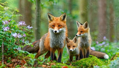 Red Fox, Vulpes vulpes and badger, beautiful animal on green vegetation in the forest, in the nature habitat. Wildlife nature, Europe