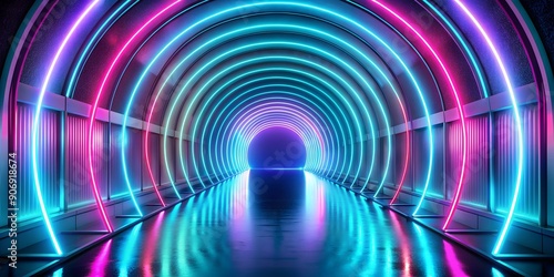 an abstract neon light tunnel is formed by streaks of blue purple and turquoise colors Generative By AI