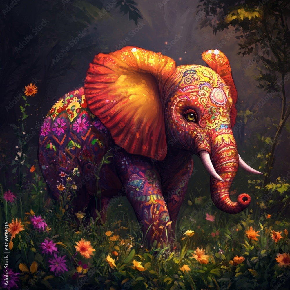 Obraz premium Whimsical Elephant with Colorful Patterns: Playful Fantasy Art for Children's Books, Party Invitations, and Imaginative Animal World. Creative Illustration Blending Dreamlike Elements and Vibrant Desi
