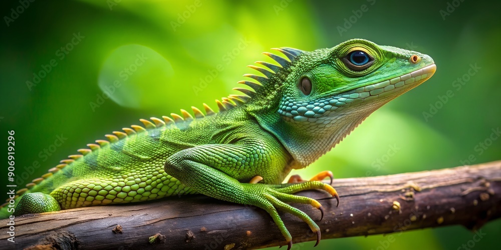 A green crested lizard basks on a branch AI-Created Content A green crested lizard basks on a branch AI-Created Content