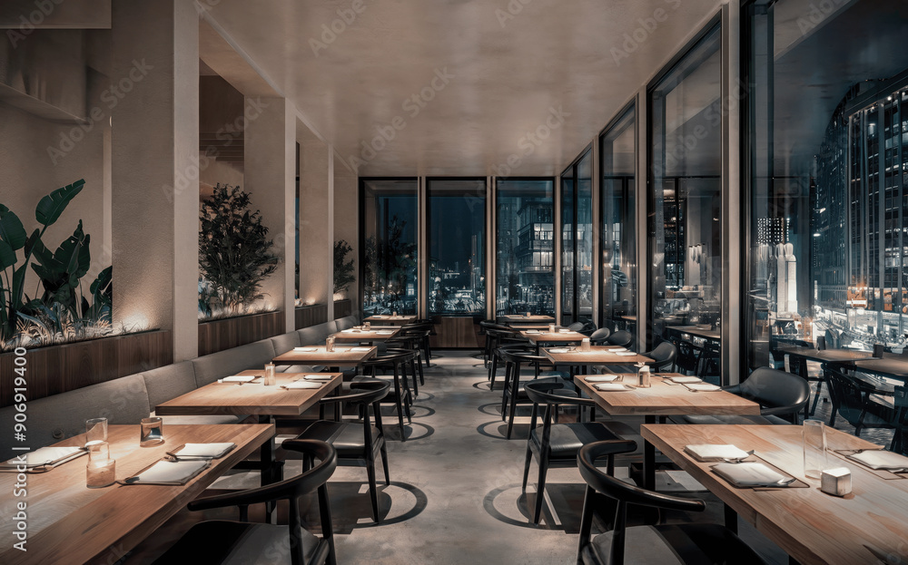 Elegant Dining Experience in a Modern Restaurant With City Views at Night Elegant Dining Experience in a Modern Restaurant With City Views at Night