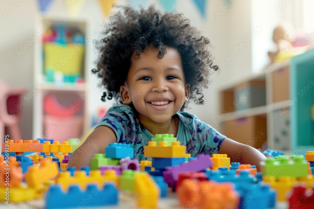 A cheerful child joyfully playing with colorful building blocks, embracing creativity and exploration A cheerful child joyfully playing with colorful building blocks, embracing creativity and exploration