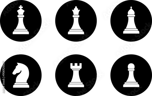 Chess piece icons set. Board game. Black silhouettes illustration. Outline set of chess vector icon for web design isolated on black background. King, queen, bishop, pawn, horse, knight, rook. Vector 
