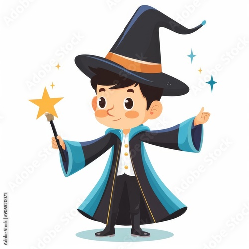 Chibi magician, occupation character, flat design illustration, magical, isolated on white background