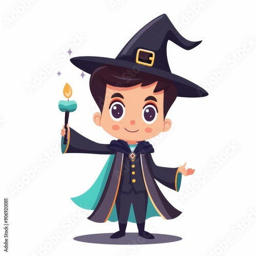 Chibi magician, occupation character, flat design illustration, magical, isolated on white background