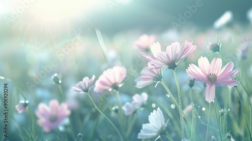 A field of pink flowers with a blue sky in the background