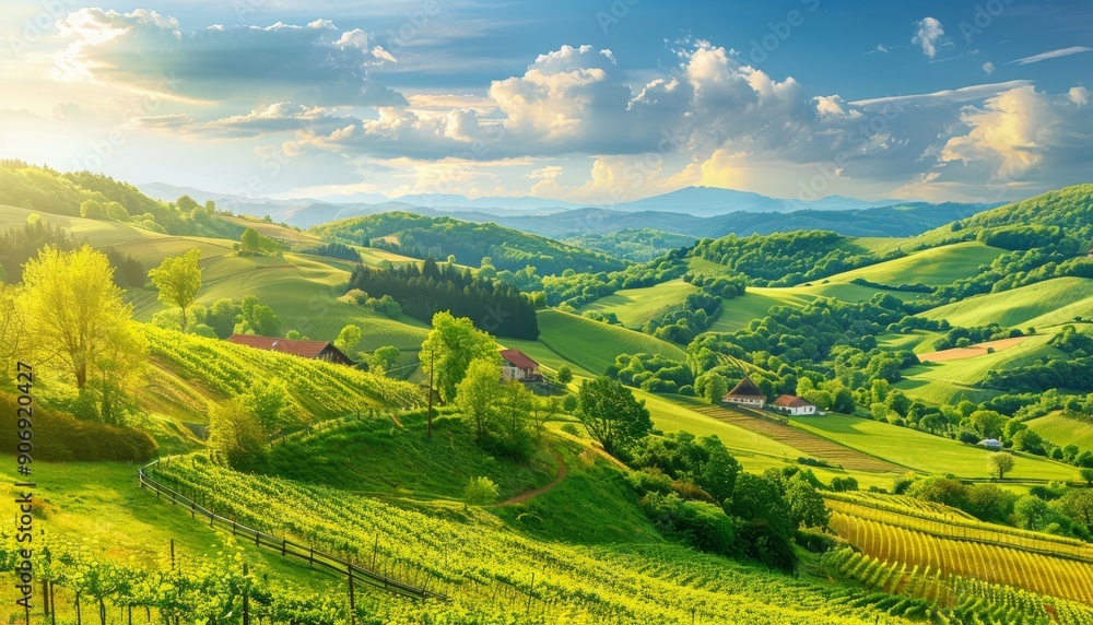 Captivating summer vacation vista showcasing a picturesque landscape lush greenery, rolling hills Captivating summer vacation vista showcasing a picturesque landscape lush greenery, rolling hills