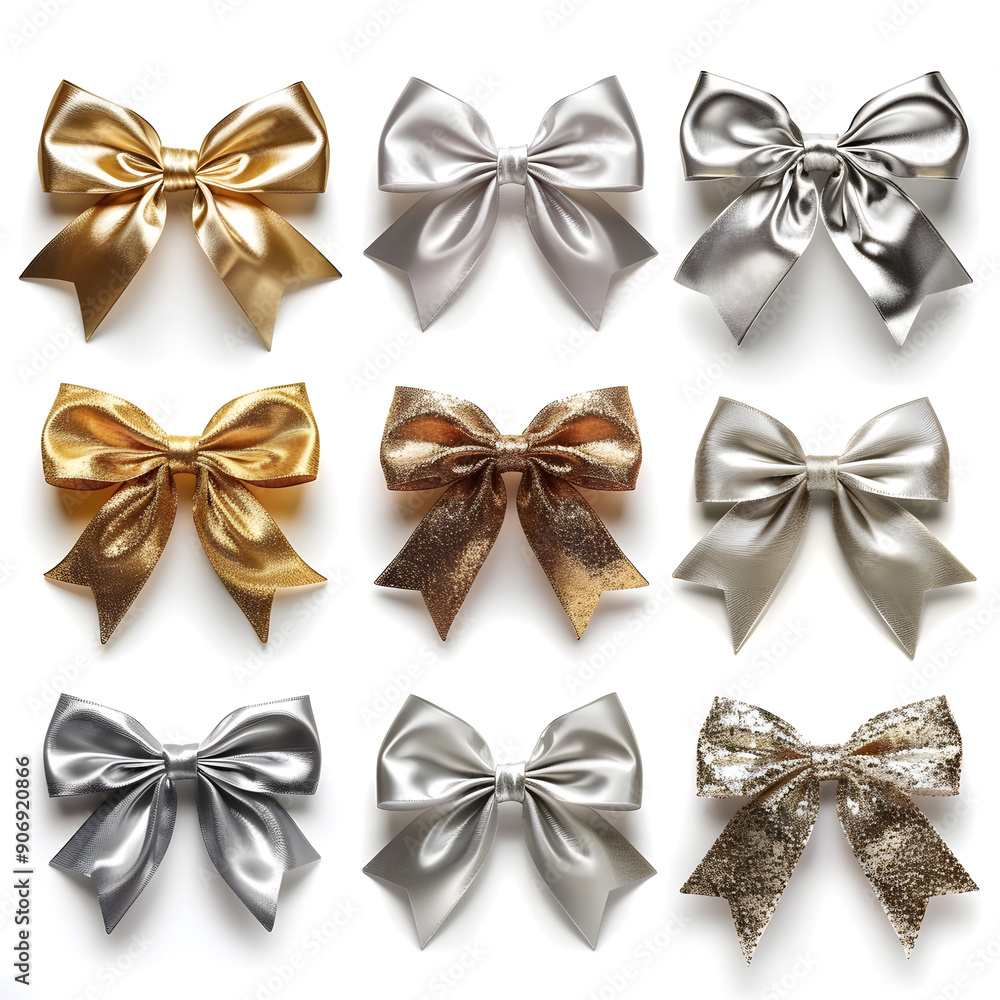 Collection of shiny gold and silver bows isolated on a white background Collection of shiny gold and silver bows isolated on a white background